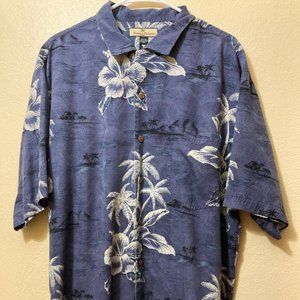 Tommy Bahama Men's Blue Palm Tree Hawaiian 100% Silk Button Up Camp Shirt Size L